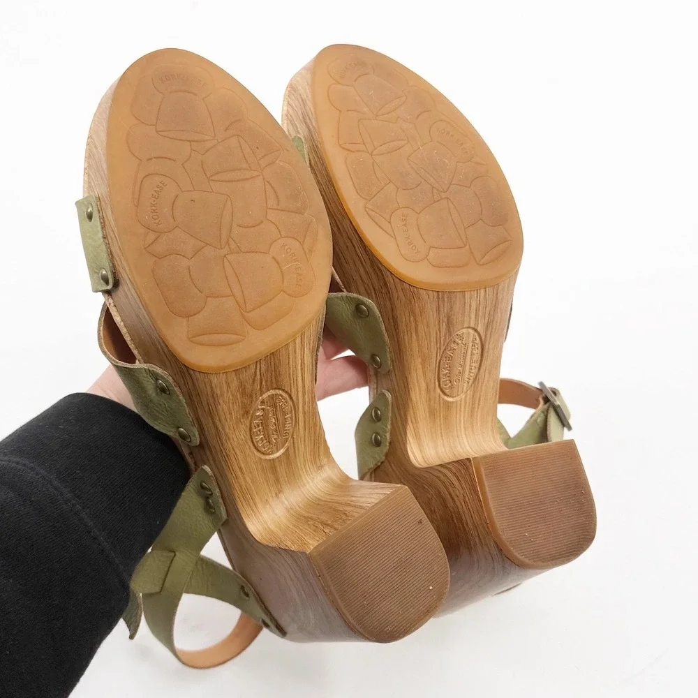Kork-Ease Drew Green Leather Platform Sandal Wood Block Heel Clogs size 11